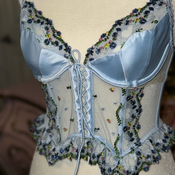 NWT VS For Love & Lemons Midsummer Heart Embroidered Lace Set Light Blue Sz M